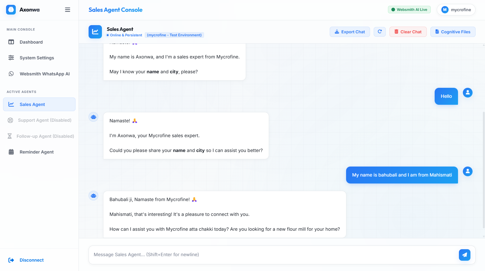 Sales Agent live chat console